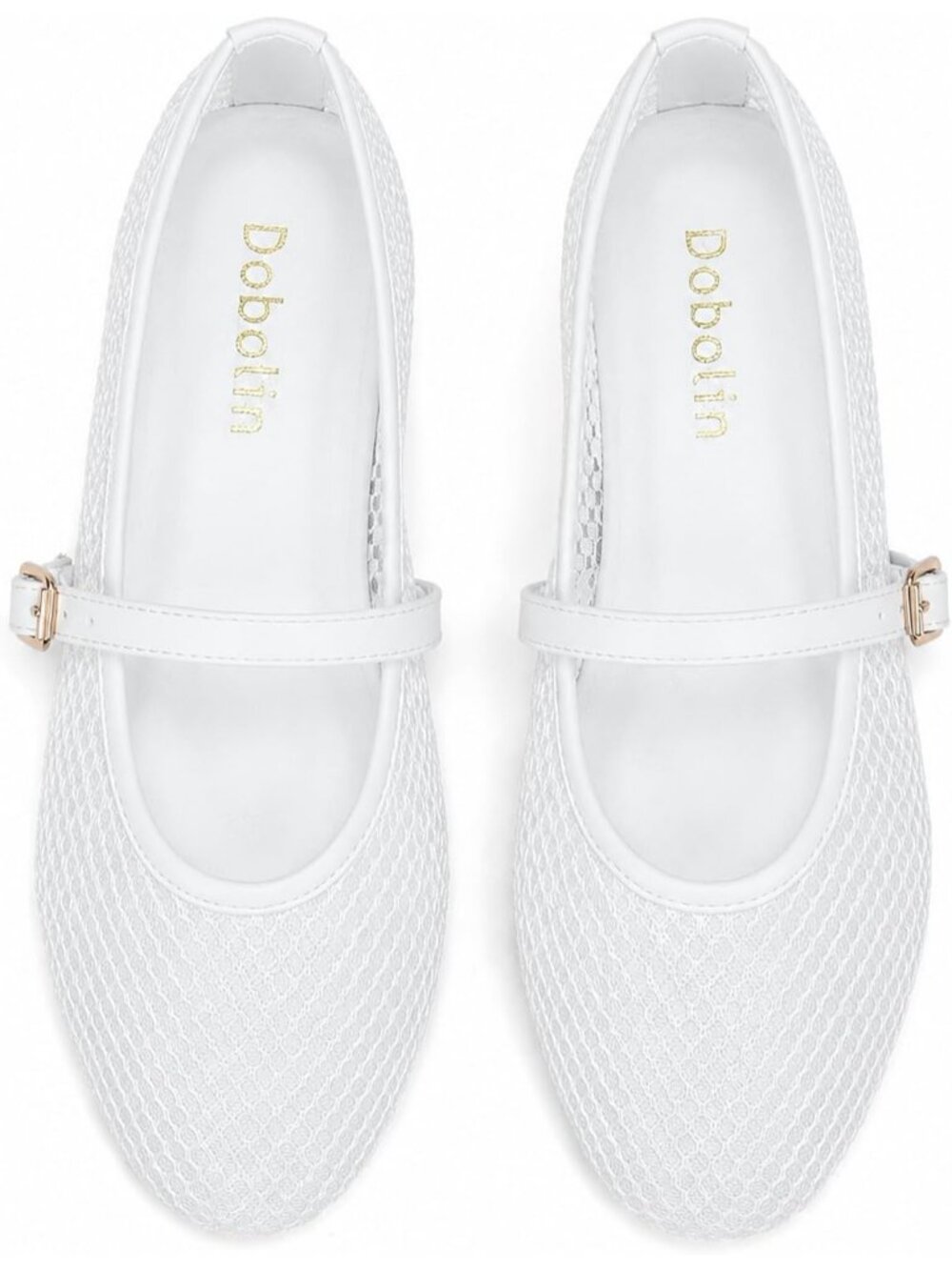 Women's White Comfortable Round Toe Buckle Strap Breathable Mesh Design Flats